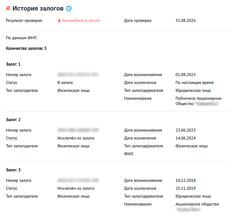 история залогов в отчете автокода