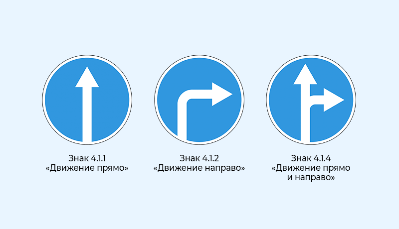 знаки 4.1.1, 4.1.2 и 4.1.4 движение прямо, движение направо, движение прямо и направо