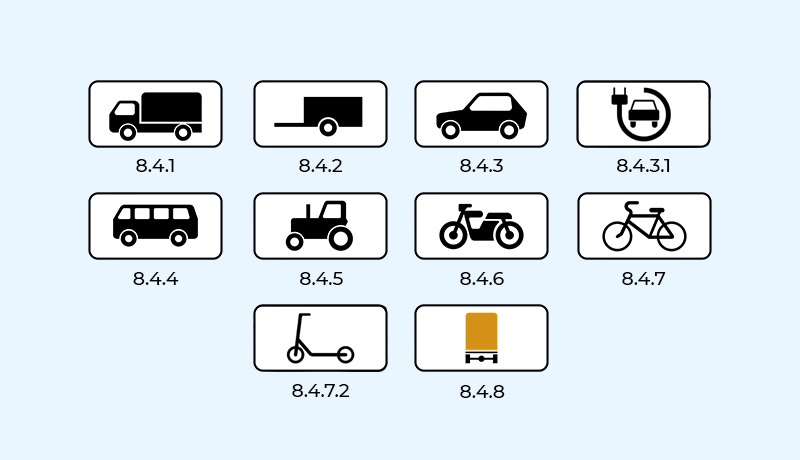 знаки 8.4.1, 8.4.2, 8.4.3, 8.4.3.1, 8.4.4, 8.4.5, 8.4.6, 8.4.7, 8.4.7.2, 8.4.8 вид транспортного средства