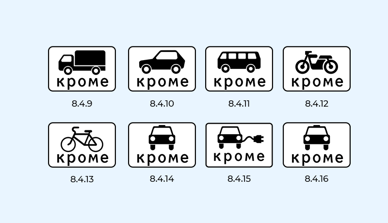 знаки 8.4.9, 8.4.10, 8.4.11, 8.4.12, 8.4.13, 8.4.14, 8.4.15, 8.4.16 кроме вида транспортных средства