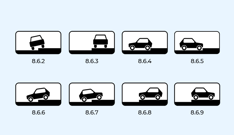 знаки 8.6.2, 8.6.3, 8.6.4, 8.6.5, 8.6.6, 8.6.7, 8.6.8, 8.6.9 способ постановки транспортного средства на стоянку