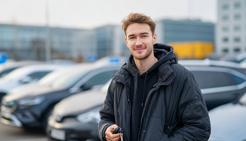 мужчина с ключами от автомобиля на парковке