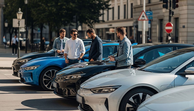 припаркованные автомобили и мужчины