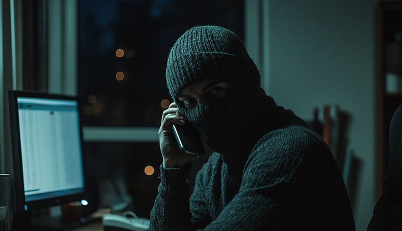 мошенник разговаривает по телефону в офисе