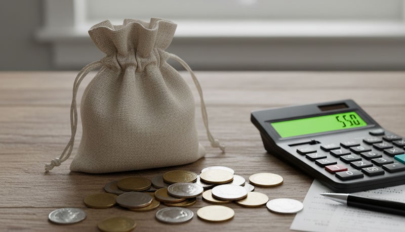 монеты и калькулятор лежат на столе, рядом стоит мешочек