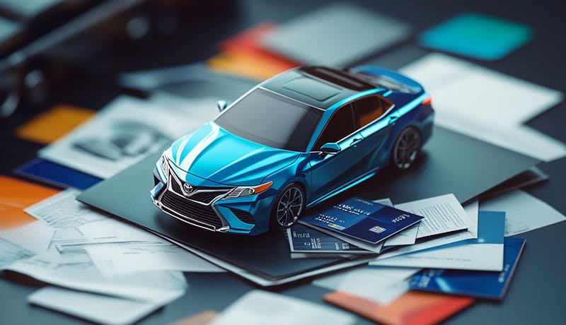 игрушечная машинка на столе с документами и кредитной картой