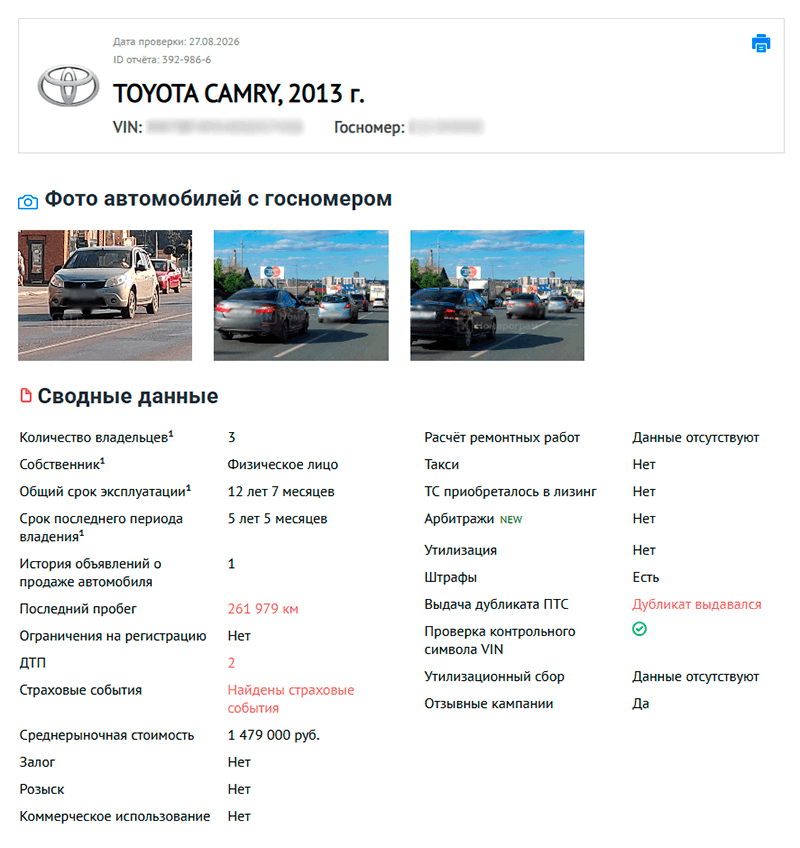 полный отчет автокода о тойоте камри