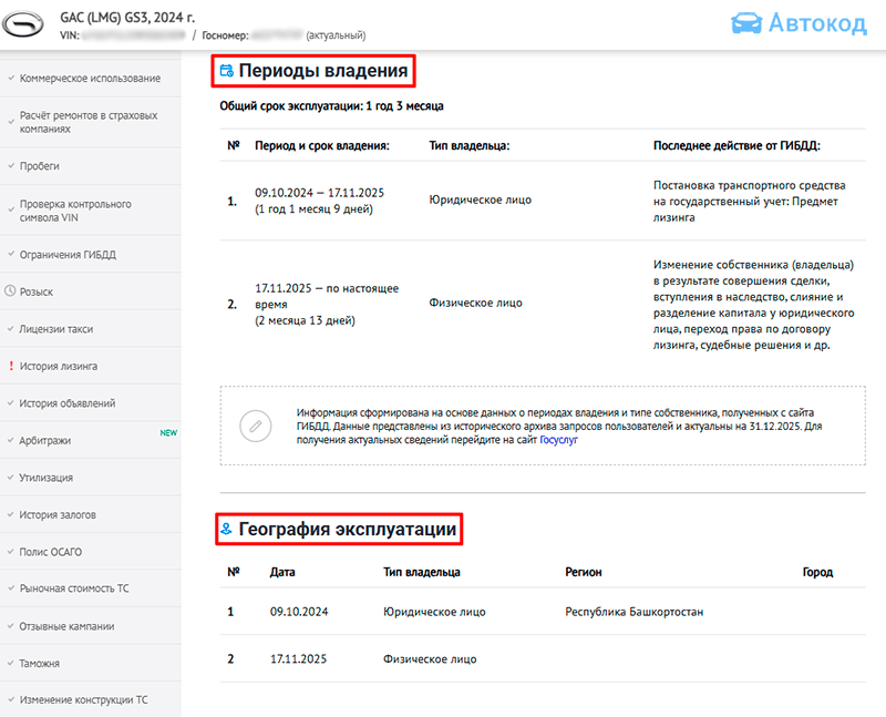 периоды владения и география в отчете автокода